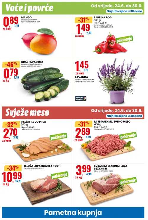 Eurospin katalog — stranica 14: KRASTAVAC RFZ, TELEĆA LOPATICA BEZ KOSTI, PILEĆI FILE OD PRSA, PAPRIKA ROG (vrijedi 24. 06. 2026.–30. 06. 2026.)