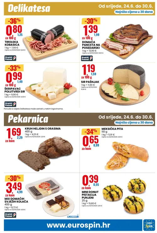Eurospin katalog — stranica 15: TIROLSKA KOBASICA, MEKSIČKA PITA, ŠKRIPAVAC POLUTVRDI SIR, DOMAČA PANCETA NA POSEDARSKI (vrijedi 24. 06. 2026.–30. 06. 2026.)
