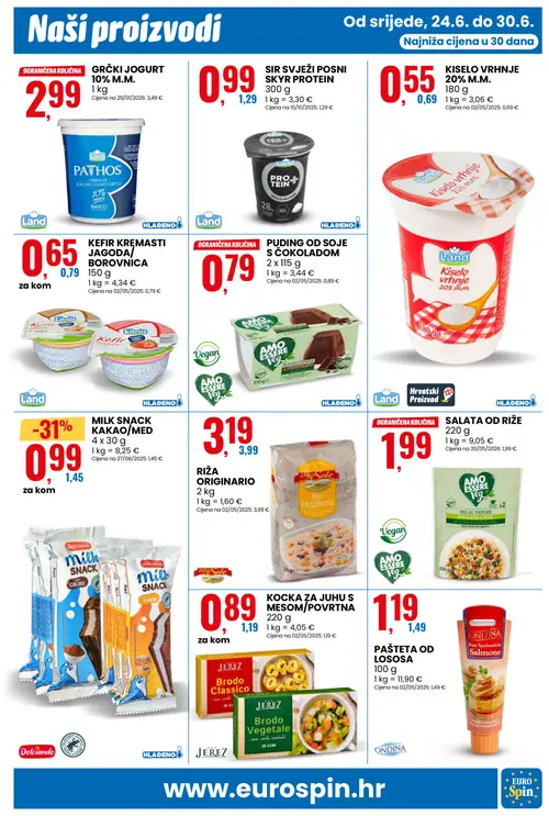Eurospin katalog — stranica 17: Dolciando MILK SNACK KAKAO/MED, JEREZ KOCKA ZA Juhu S MESOM/POVRTRNA, Land SIR SVJEŽI POSNI SKYR PROTEIN, Land KISELO VRHNJE 20% M.M. (vrijedi 24. 06. 2026.–30. 06. 2026.)