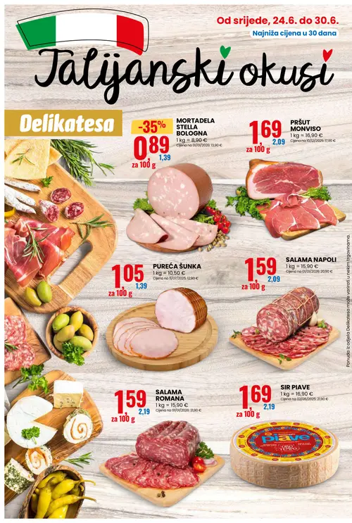 Eurospin katalog — stranica 2: MORTADELA STELLA BOLOGNA, SALAMA ROMANA, PUREĆA ŠUNKA, SALAMA NAPOLI (vrijedi 24. 06. 2026.–30. 06. 2026.)