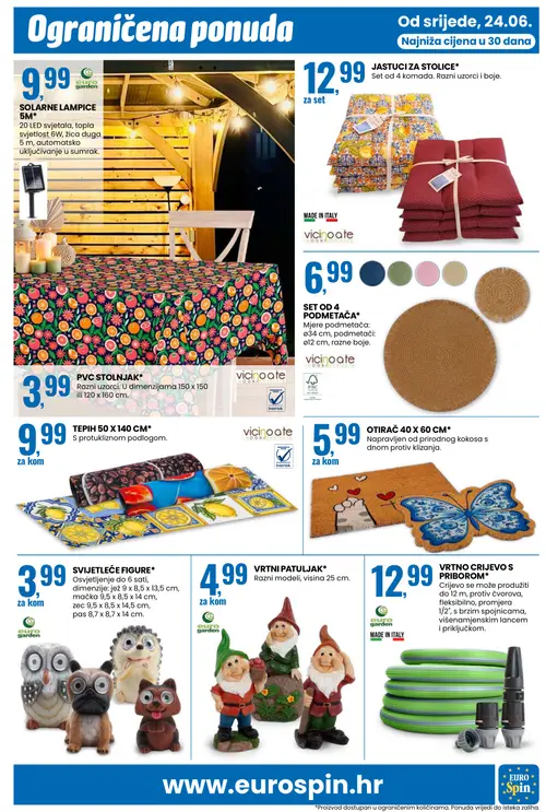 Eurospin katalog — stranica 23: euro garden SOLARNE LAMPICE 5M, JASTUCI ZA STOLICE, PVC STOLNJAK, SET OD 4 PODMETAČA (vrijedi 24. 06. 2026.–30. 06. 2026.)