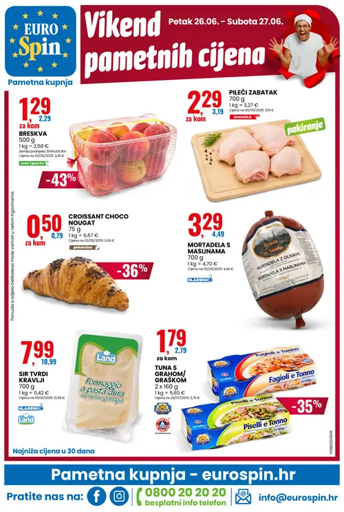 Eurospin katalog — stranica 24: breskva, CROISSANT CHOCO NOUGAT, Athena TUNA S GRAHOM/GRAŠKOM, PILEĆI ZABATAK (vrijedi 24. 06. 2026.–30. 06. 2026.)