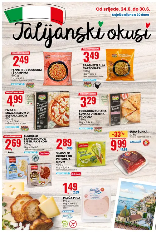 Eurospin katalog — stranica 4: LA BOTTEGA DEL GUSTO SUHA ŠUNKA, TRE MULINI PENNETTE S LOSOSOM I ŠKAMPIMA, TRE MULINI SPAGHETTI ALLA CARBONARA, TRE MULINI PIZZA S MOZZARELLOM DI BUFFALA (vrijedi 24. 06. 2026.–30. 06. 2026.)