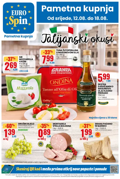 Eurospin katalog — stranica 1: GROŽĐE BIJELO, Land SIR MOZZARELLA 4 KOM, MORTADELA STELLA BOLOGNA, ONDINA TUNA ŽUTOPERAJNA U MASLINOVOM ULJU (vrijedi 12. 08. 2026.–18. 08. 2026.)