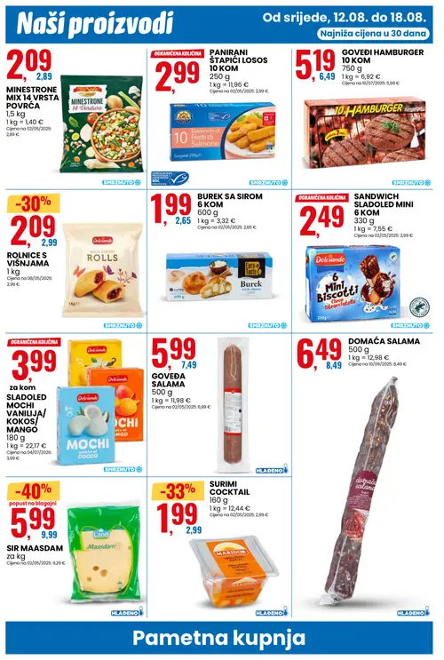 Eurospin katalog — stranica 10: Land SIR MAASDAM, MARIDOR SURIMI COCKTAIL, Dolciando ROLNICE S VIŠNJAMA, MINESTRONE MIX 14 VRSTA POVRĆA (vrijedi 12. 08. 2026.–18. 08. 2026.)