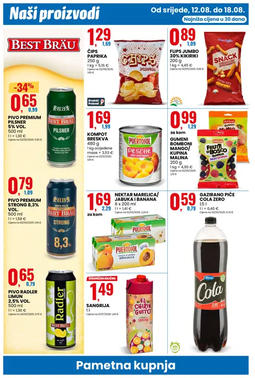 Eurospin katalog — stranica 12: BEST BRÄU PIVO PREMIUM PILSENER 5% VOL., BEST BRÄU PIVO PREMIUM STRONG 8,3% VOL., PUERTOSOL NEKTAR MARELICA/ JABUKA I BANANA, GAZIRANO PIĆE COLA ZERO (vrijedi 12. 08. 2026.–18. 08. 2026.)