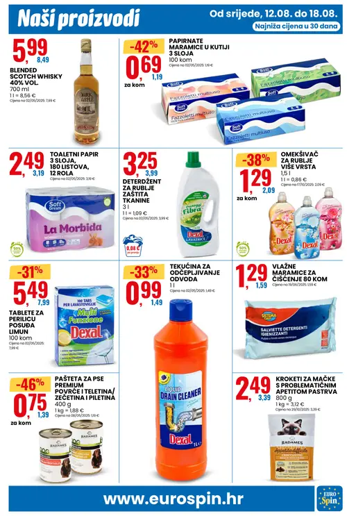 Eurospin katalog — stranica 13: RADAMES PAŠTETA ZA PSE PREMIUM POVRĆE I TELETINA/ ZEČETINA I PILETINA, Soft Dream PAPIRNATE MARAMICE U KUTIJI 3 SLOJA, Dexal OMEKŠIVAČ ZA RUBLJE VIŠE VRSTA, Dexal TEKUĆINA ZA ODČEPLJIVANJE ODVODA (vrijedi 12. 08. 2026.–18. 08. 2026.)