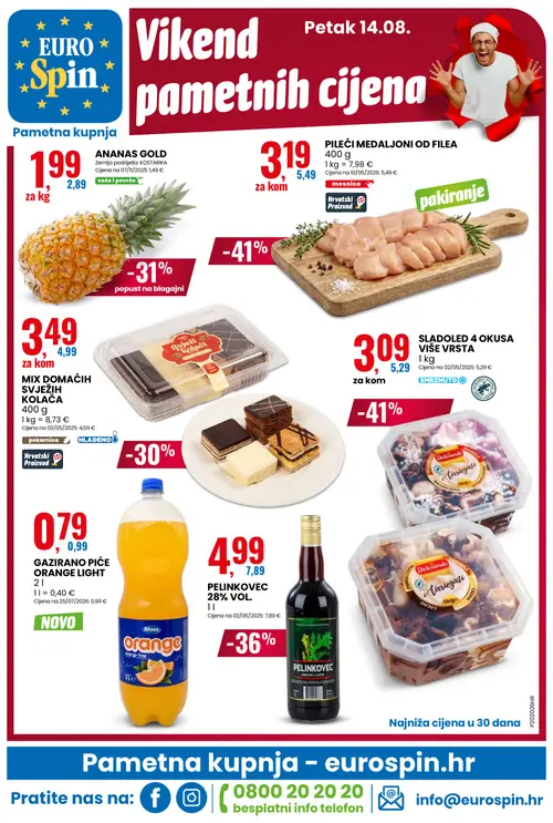 Eurospin katalog — stranica 16: PILEĆI MEDALJONI OD FILEA, SLADOLED 4 OKUSA VIŠE VRSTA, PELINKOVEC 28% VOL., ANANAS GOLD (vrijedi 12. 08. 2026.–18. 08. 2026.)