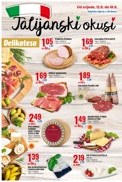 Eurospin katalog — stranica 2: SIR STRACCIATELLA, MONTASIO TVRDI KRAVLJI SIR, PUREĆA ŠUNKA, SALAMA PICCANTE (vrijedi 12. 08. 2026.–18. 08. 2026.)