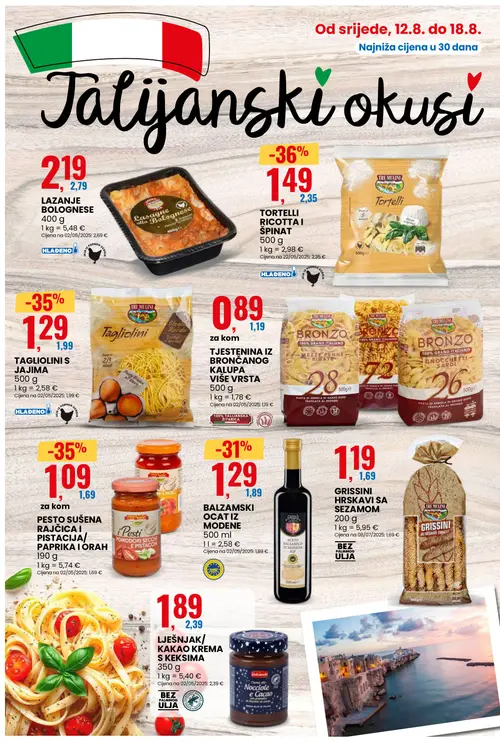 Eurospin katalog — stranica 4: TORTELLI RICOTTA I ŠPINAT, PESTO SUŠENA RAJČICA I PISTACIJA/ PAPRIKA I ORAH, TRE MULINI TAGLIOLINI S JAJIMA, BALZAMSKI OCAT IZ MODENE (vrijedi 12. 08. 2026.–18. 08. 2026.)