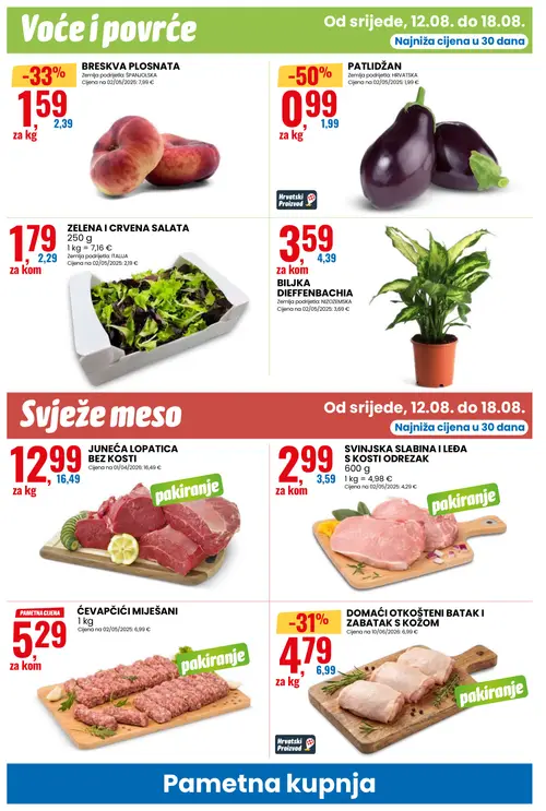 Eurospin katalog — stranica 6: PATLIDŽAN, BRESKVA PLOSNATA, DOMAĆI OTKOŠTENI BATAK I ZABATAK S KOŽOM, ĆEVAPČIĆI MIJEŠANI (vrijedi 12. 08. 2026.–18. 08. 2026.)