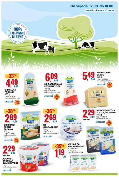 Eurospin katalog — stranica 9: ITALIANI SIR RIBANI GRANA PADANO, ITALIANI SIR MASCARPONE, VRHNJE ZA KUHANJE LIGHT, ITALIANI SIR GRANA PADANO (vrijedi 12. 08. 2026.–18. 08. 2026.)