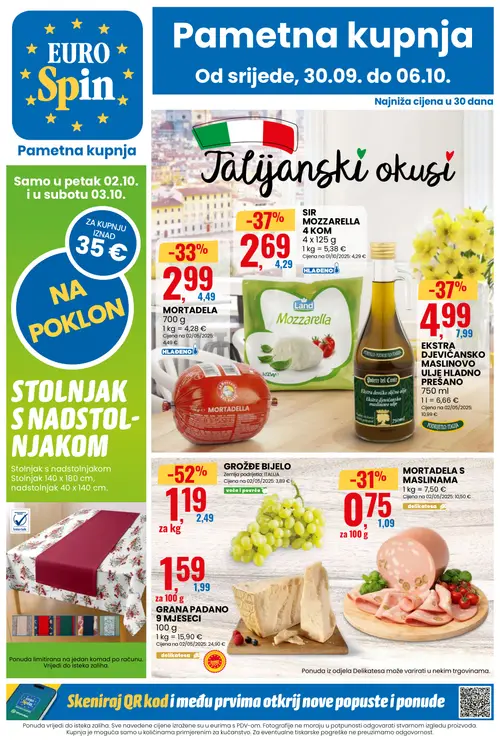 Eurospin katalog — stranica 1: GROŽĐE BIJELO, Podere del Conte ULJE HLADNO PREŠANO, Land SIR MOZZARELLA 4 KOM, MORTADELA (vrijedi 30.09.–06.10.2026.)