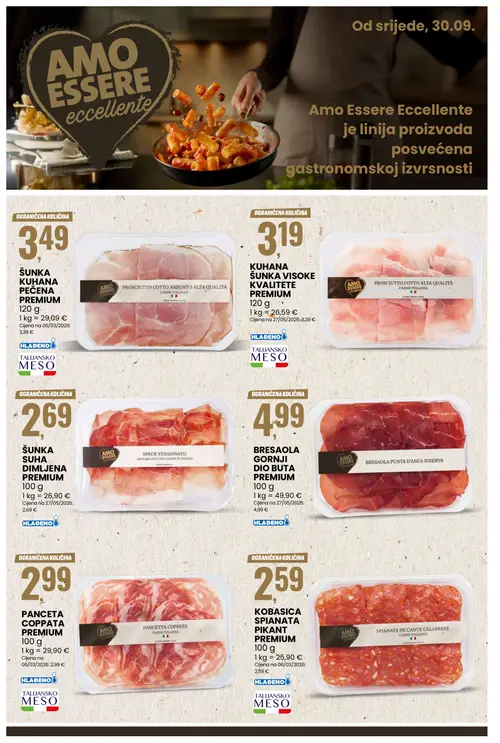 Eurospin katalog — stranica 10: AMO ESSERE ŠUNKASUHA DIMLJENA PREMIUM, AMO ESSERE PANCETA COPPATAPREMIUM, AMO ESSERE KOBASICSPIANATA PIKANT PREMIUM, AMO ESSERE BRESAOLAGORNJI DIO BUTA PREMIUM (vrijedi 30.09.–06.10.2026.)