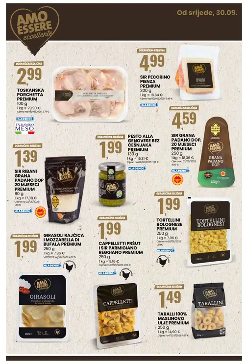 Eurospin katalog — stranica 11: AMO ESSERE TORTELLINI BOLOGNESE PREMIUM, AMO ESSERE GIRASOLI RAJČICA I MOZZARELLA DI BUFALA PREMIUM, PESTO ALLA GENOVESE BEZ ČEŠNJAKA PREMIUM, AMO ESSERE SIR RIBANI GRANA PADANO DOP 20 MJESECI PREMIUM (vrijedi 30.09.–06.10.2026.)