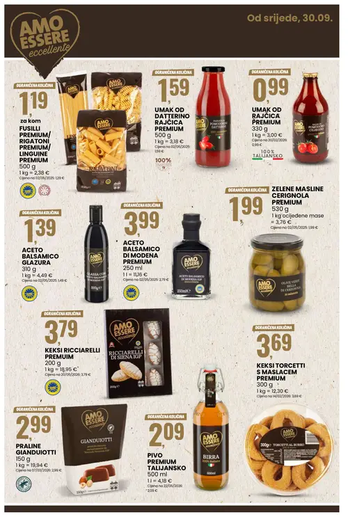 Eurospin katalog — stranica 12: AMO ESSERE ACETO BALSAMICO DI MODENA GLAZURA, AMO ESSERE UMAK OD RAJČICA PREMIUM, AMO ESSERE KEKSI RICCI R ELLI PREMIUM, AMO ESSERE KEKSI TORCETTI S MASLACEM PREMIUM (vrijedi 30.09.–06.10.2026.)