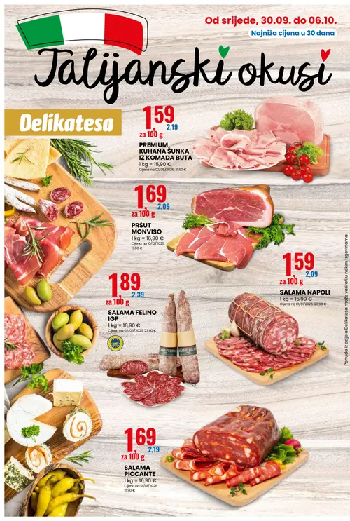 Eurospin katalog — stranica 2: PREMIUM KAHANA ŠUNKA IZ KOMADA BUTA, SALAMA NAPOLI, SALAMA PICCANTE, SALAMA FELINO IGP (vrijedi 30.09.–06.10.2026.)