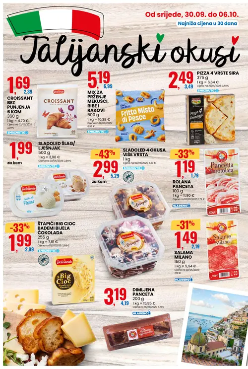 Eurospin katalog — stranica 4: Dolciando SLADOLED 4 OKUSA VIŠE VRSTA, LA BOTTEGA DEL GUSTO PANCETTA ARROTOLATA, Dolciando ŠTAPIĆI BIG CIOC BADEMI BIJELA ČOKOLADA, ROLANA PANCETA (vrijedi 30.09.–06.10.2026.)