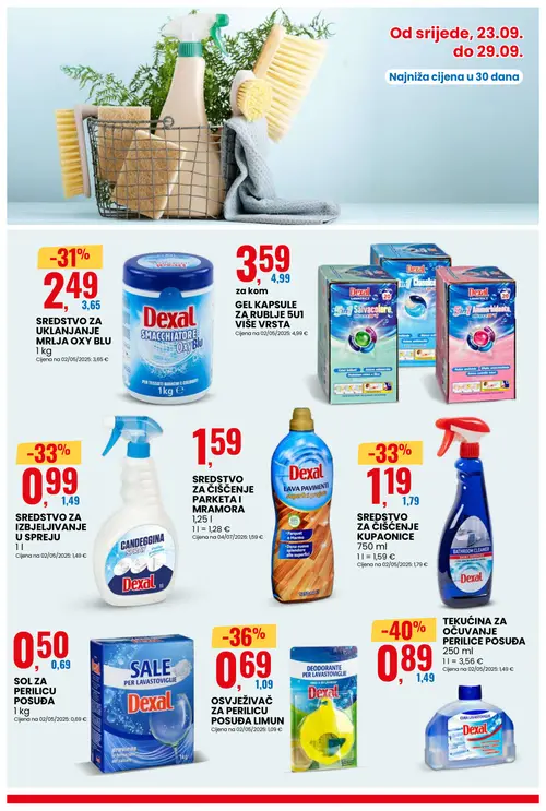 Eurospin katalog — stranica 11: Dexal TEKUĆINA ZA OČUVANJE PERILICE POSUĐA, Dexal OSVJEŽIVAČ ZA PERILICU POSUĐA LIMUN, Candeggina SREDSTVO ZA IZBJELJIVANJE U SPREJU, Dexal SREDSTVO ZA ČIŠĆENJE KUPAONICE (vrijedi 23.09.–29.09.2026.)