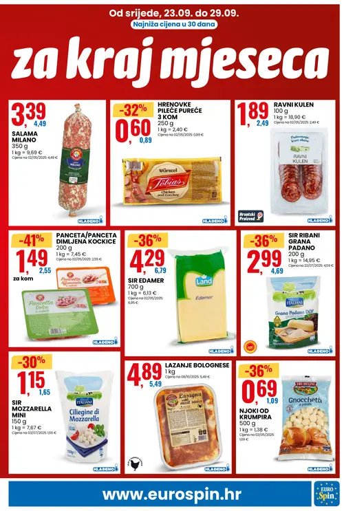Eurospin katalog — stranica 3: PANCETA/PANCETA DIMLJENA KOCKICE, Land SIR EDAMER, TRE MULINI NJOKI OD KRUMPIRA, ITALIANI SIR RIBANI GRANA PADANO (vrijedi 23.09.–29.09.2026.)