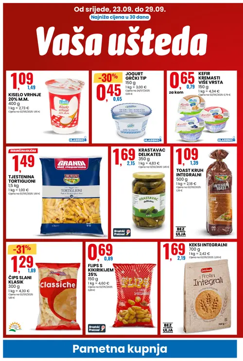 Eurospin katalog — stranica 4: classiche ČIPS SLANI KLASIK, vitalia JOGURT GRČKI TIP, Land KISELO VRHNJE 20% M.M., Dolciando KEKSI INTEGRALNI (vrijedi 23.09.–29.09.2026.)
