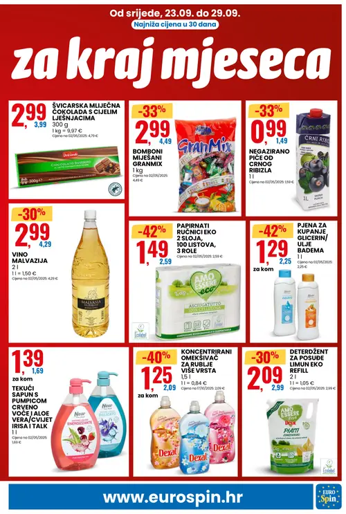 Eurospin katalog — stranica 5: Near PJENA ZA KUPANJE GLICERIN/ULJE BADEMA, PAPIRNATI RUČNICI EKO 2 SLOJA, Dexal KONCENTRRIRANI OMEKŠIVAČ ZA RUBLJE VIŠE VRSTA, CRNI RIBIZ NEGAZIRANO PIĆE OD CRNOG RIBIZLA (vrijedi 23.09.–29.09.2026.)