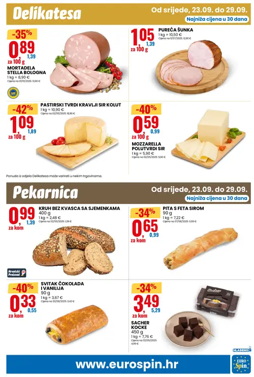 Eurospin katalog — stranica 7: PASTIRSKI TVRDI KRAVLJI SIR KOLUT, MOZZARELLA POLUTVRDI SIR, SVITAK ČOKOLADA I VANILIJA, MORTADELA STELLA BOLOGNA (vrijedi 23.09.–29.09.2026.)