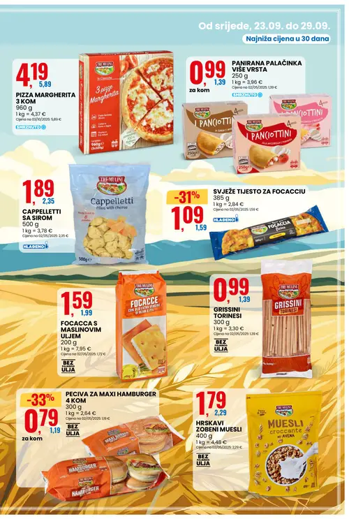 Eurospin katalog — stranica 9: TRE MULINI PECIVA ZA MAXI HAMBURGER 4 KOM, TRE MULINI SVJEŽE TIJESTO ZA FOCACCIO, TRE MULINI PIZZA MARGHERITA 3 KOM, TRE MULINI PANIRANA PALAČINKA VIŠE VRSTA (vrijedi 23.09.–29.09.2026.)