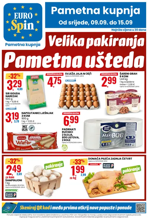 Eurospin katalog — stranica 1: DOMAĆA PILEĆA ZADNJA ČETVRT, GRANDO SIR GOUDA NARE অর্ধেক, ŠAMPINJONI, DOLCIANDO NAPOLITANKE LJEŠNJAK (vrijedi 09. 09. 2026.–15. 09. 2026.)