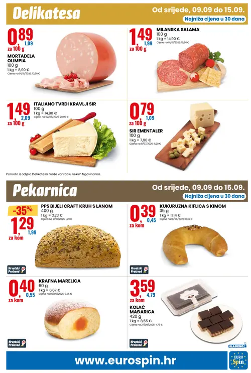 Eurospin katalog — stranica 13: PPS BIJELI CRAFT KRUH S LANOM, ITALIANO TVRDI KRAVLJI SIR, SIR EMMENTALER, KRAFNA MARELICA (vrijedi 09. 09. 2026.–15. 09. 2026.)
