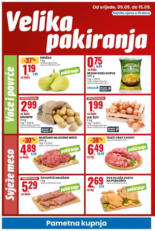Eurospin katalog — stranica 2: TELEĆI VRAT S Kosti, KRUŠKA, MIJEŠANO MLJEVENO MESO, Agropomper REZANI KISELI KUPUS (vrijedi 09. 09. 2026.–15. 09. 2026.)