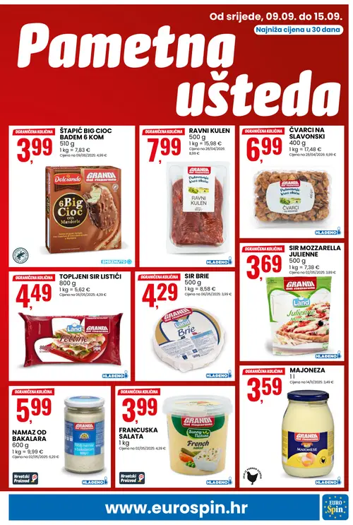 Eurospin katalog — stranica 3: GRANI DEL RISPARMIO ŠTAPIĆ BIG CIOC BADEM 6 KOM, GRANI DEL RISPARMIO RAVNI KULEN, GRANI DEL RISPARMIO FRANCUSKA SALATA, GRANI DEL RISPARMIO SIR MOZZARELLA JULIENNE (vrijedi 09. 09. 2026.–15. 09. 2026.)