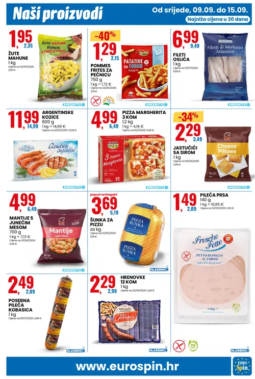 Eurospin katalog — stranica 7: POMMES FRITES ZA PEČNICU, EAT JASTUČIĆI SA SIROM, ŠUNKA ZA PIZZU, FRESCHE FETTE PILEĆA PRSA (vrijedi 09. 09. 2026.–15. 09. 2026.)