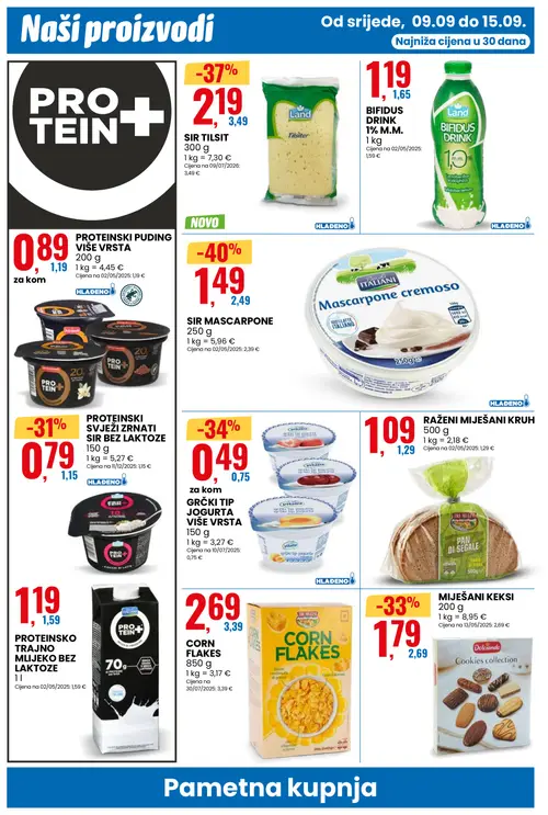 Eurospin katalog — stranica 8: Pascoli Italiani SIR MASCARPONE, Land SIR TILSIT, Vitalija GRČKI TIP JOGURTA VIŠE VRSTA, Dolciando MIJEŠANI KEKSI (vrijedi 09. 09. 2026.–15. 09. 2026.)