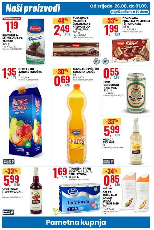 Eurospin katalog — stranica 12: Dolciando ŠVICARSKA MLIJEČNA ČOKOLADA S KREMOM OD LJEŠNJAKA, GEL ZA TUŠIRANJE BADEM SHEA/ CITRUS MED, MEDICA 25% VOL., Dolciando ČOKOLADA PUNJENA MLIJEKOM I ŽITARICAMA (vrijedi 26. 08. 2026.–01. 09. 2026.)
