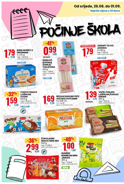 Eurospin katalog — stranica 8: SENDVIČ KUHANA ŠUNKA/TUNJEVINA, Dolciando GUMENI BOMBONI MINI JABUKE, Dolciando ČOKOLADNI SNACK MINI MIX, Dolciando CHOCO SNACK LJEŠNJAK (vrijedi 26. 08. 2026.–01. 09. 2026.)