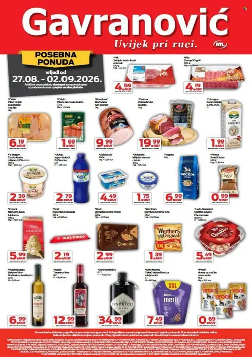 Gavranović katalog — stranica 1: Pik Pik Svinjski vrat s kosti, Pik Pik Čevapčići grill, Cekin Cekin Pileći raskek za pohanje Top File, Cekin Cekin Pileće hrenovke koktel (vrijedi 27. 08. 2026.–02. 09. 2026.)