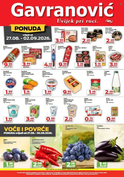 Gavranović katalog — stranica 2: Carnex Grah s kobasicom, Franz Josef Tuna salata razne vrste, Franz Josef Tuna odrezak u ulju, Rozeto Bobica kobasica (vrijedi 27. 08. 2026.–02. 09. 2026.)