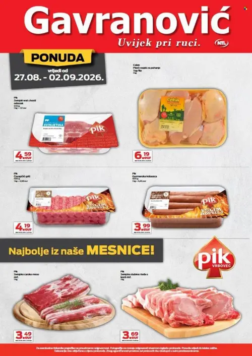 Gavranović katalog — stranica 5: PIK PIK Svinjetina, Cekin Cekin Pileći rasjek za pohanje Top file, PIK PIK Čevapčići grill, PIK PIK Guranmska kobasica (vrijedi 27. 08. 2026.–02. 09. 2026.)