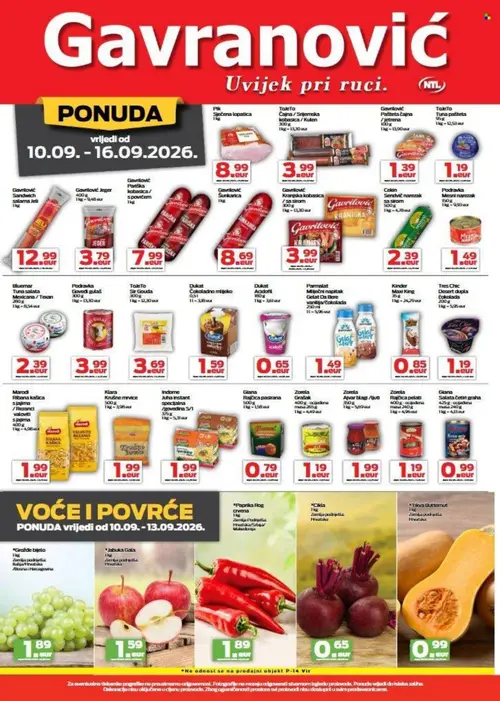 Gavranović katalog — stranica 2: Pik Sjeckena lopatica, ToleTo Čajna / Snjermska kobasica / jetrena, ToleTo Tuna pašteta, Gavrlović Pašteta čajna / jetrena (vrijedi 10. 09. 2026.–16. 09. 2026.)