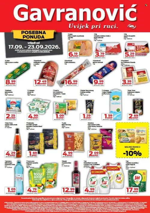 Gavranović katalog — stranica 1: Cekin Pileći rasjek za pohanje, Pik Svinjska slabina i leđa s kosti odrezak, Pik Juneći ćevapčići, Cekin Pileća prsa u ovitku (vrijedi 17. 09. 2026.–23. 09. 2026.)