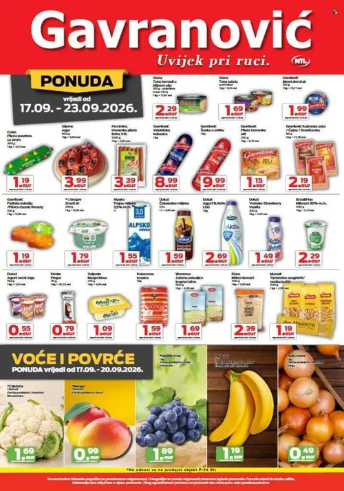 Gavranović katalog — stranica 2: Glana Tuna komadi u biljnom ulju, Glana Tuna salata, Gavrilović Mesni doručak, Cekin Pileća posebna sa sirom (vrijedi 17. 09. 2026.–23. 09. 2026.)