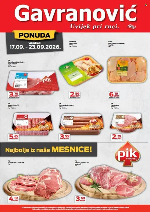 Gavranović katalog — stranica 5: Perutnina Pileća krila, Pik Svinjska slabina i leđa s kosti odrezak, Cekin Pileći razrez za pohanje Top file, Pik Juneći ćevapčići (vrijedi 17. 09. 2026.–23. 09. 2026.)