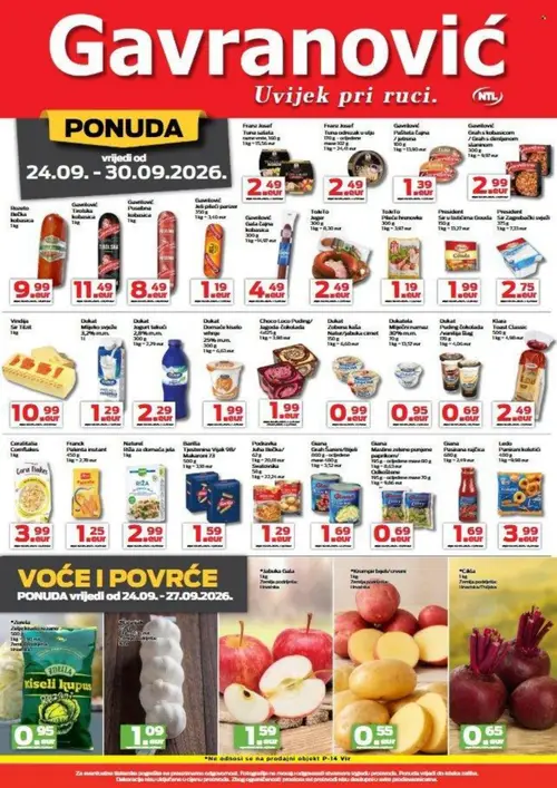 Gavranović katalog — stranica 2: Franz Josef TUNA salata, Franz Josef TUNA odrezak u ulju, Gavelović Pašteta Šajna, Gavelović Grah s kobasicom / Grah s dimljenom slaninom (vrijedi 24. 09. 2026.–30. 09. 2026.)