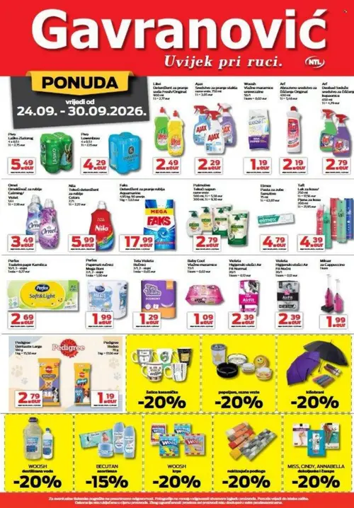 Gavranović katalog — stranica 4: Likvi Deterdžent za pranje, soda Fresh/Original, Ajax Sredstvo za pranje stakla, normal, Woosh Vlažne maramice univerzalne, Arf Abrazivno sredstvo za čišćenje Original (vrijedi 24. 09. 2026.–30. 09. 2026.)