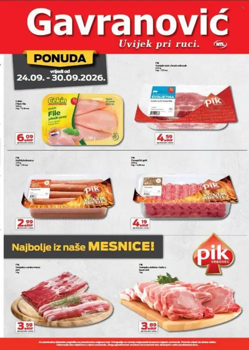 Gavranović katalog — stranica 5: Cekin File pilećih prsa, Pik Svinjetina svinjski vrat s kosti, Pik Roštiljska kobasica, Pik Ćevapčići grill (vrijedi 24. 09. 2026.–30. 09. 2026.)