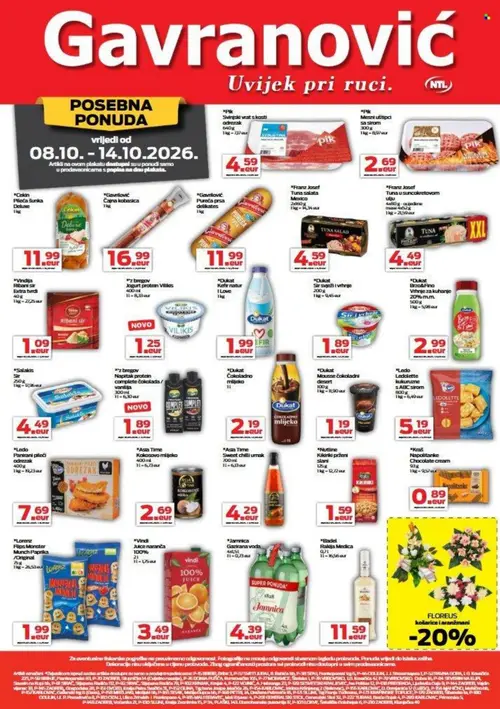 Gavranović katalog — stranica 1: Pik Svinjski vrat s kosti, Ledo Panirani pileći odrezak, Nutline Kikiriki prženi slani, Franz Josef Tuna u suncokretovom ulju XXL (vrijedi 08.10.–14.10.2026.)