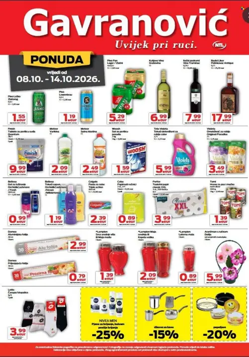 Gavranović katalog — stranica 4: Lotto Čarape/stopalice, Woosh Sol za perilicu posuđa, PAN Pivo Lager / Zlatni Pan, Aranžman s ručkom cvjetni aranžman (vrijedi 08.10.–14.10.2026.)