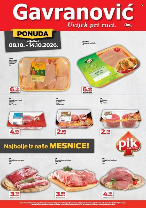 Gavranović katalog — stranica 5: Pik Svinjska slabina i leđa s kosti rinf., Pik Svinjski vrat s kosti odrezak, Pik Grill burger, Pik Mesni uskipi sa sirom (vrijedi 08.10.–14.10.2026.)