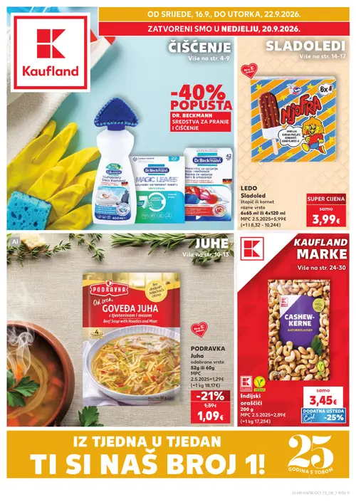 Kaufland katalog — stranica 1: Podravka Goveđa juha s tjesteninom i mesom, Dr. Beckmann Upholstery Stain Remover, Dr. Beckmann MAGIC LEAVES Laundry Detergent Sheets UNIVERSAL, Dr. Beckmann Maramice za upijanje boja i nečistoća Krpice za upijanje barv i umazyjnanje (vrijedi 16. 09. 2026.–22. 09. 2026.)